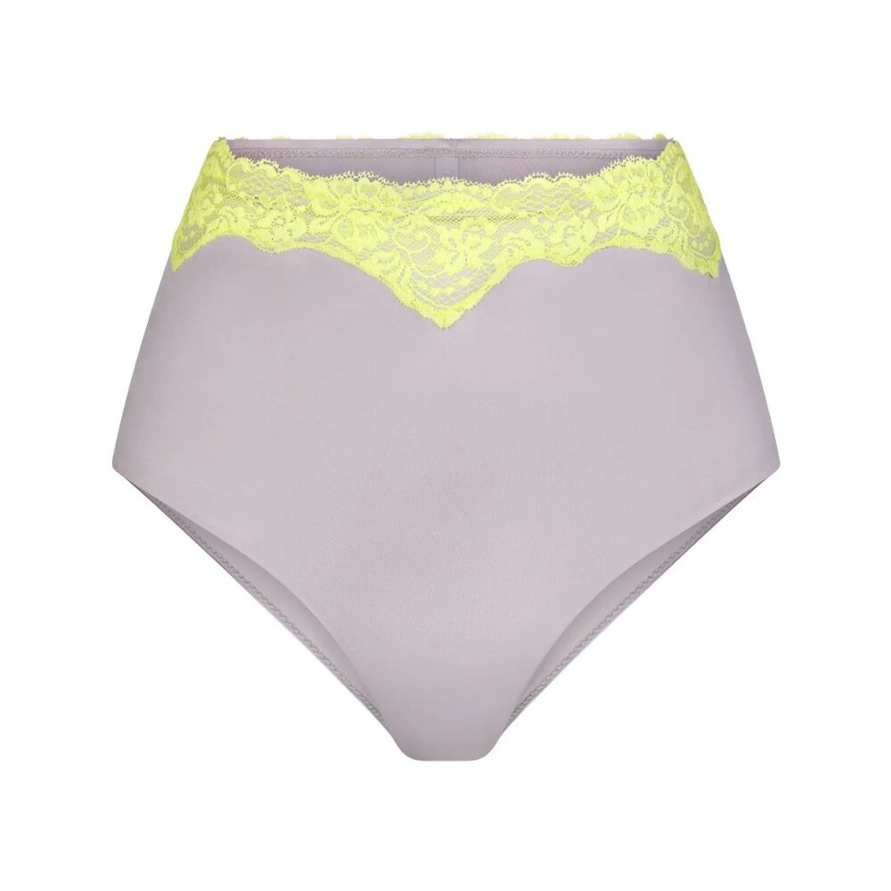 SKIMS LACE SWIM HIGH-WAISTED FULL BRIEF SIZE L - CHROME/LIME